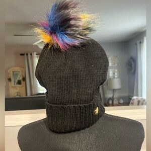 Betsey Johnson Black Knit Beanie with Multicolor Pom-Pom, NWT